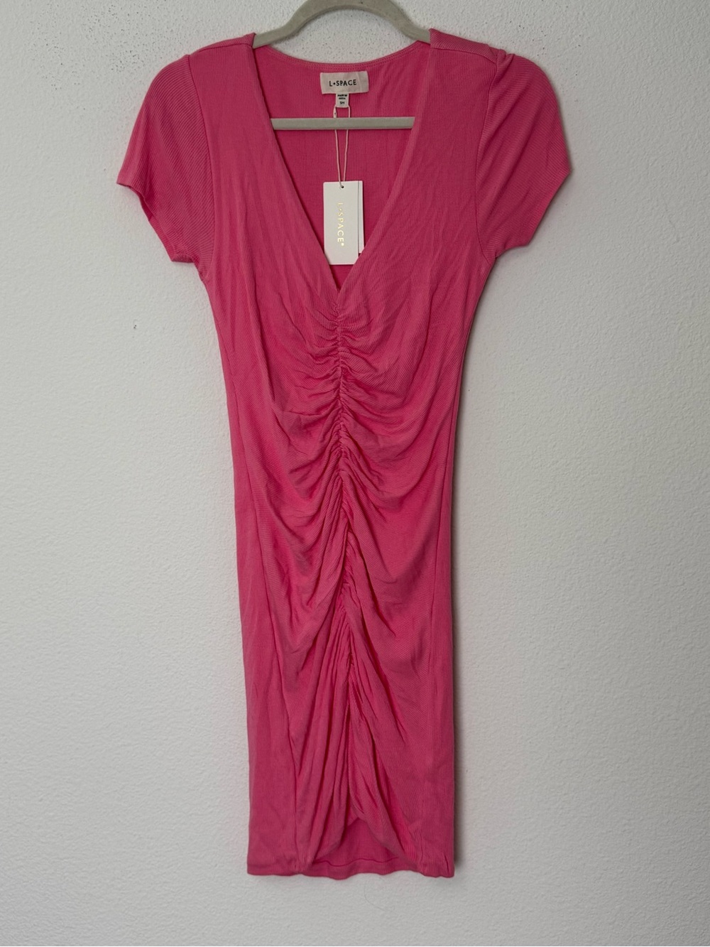 L*Space Lani Dress S Guava Pink Ruched Ribbed Bodycon Midi NWT $139